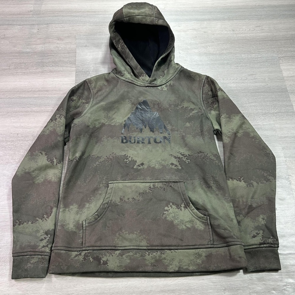Burton Hoodie Boys Large 14-16 Green Camo DRYRIDE Fleece Pullover Snowboard